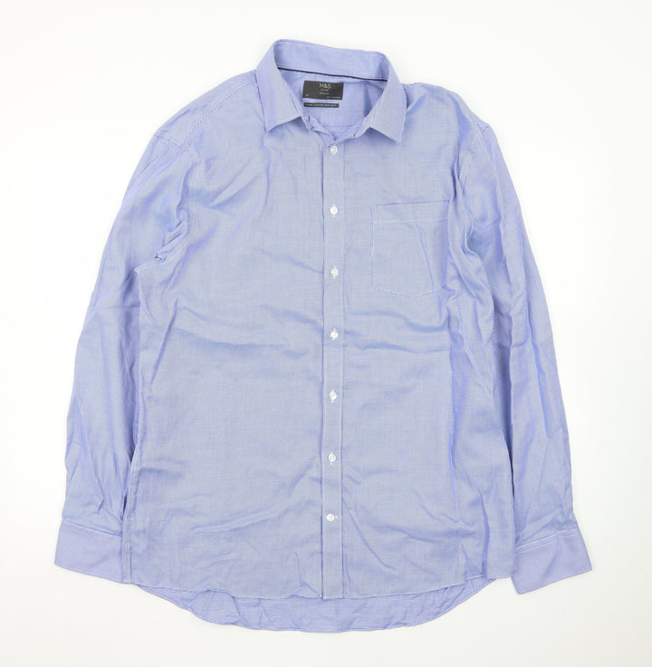 Marks and Spencer Men’s Blue Check 16 Regular Fit Cotton Dress Shirt