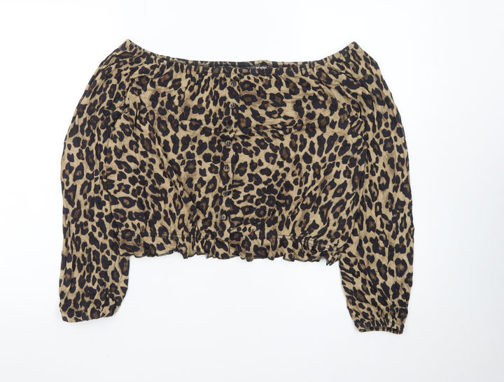 H&M Women Brown Leopard Off Shoulder Cropped Blouse M