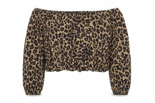 Front view of H&M Women Brown Leopard Off Shoulder Cropped Blouse M