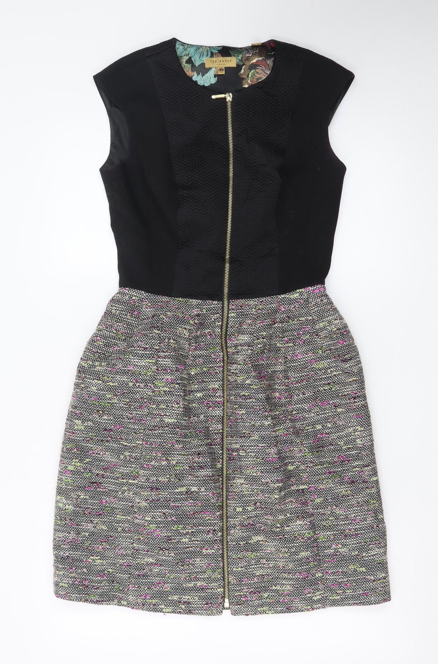 Ted Baker Women Black Multi Skater Dress Size 8 Zip Front