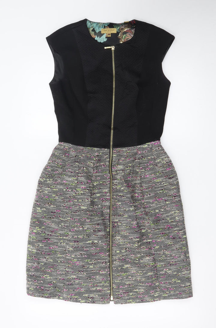 Ted Baker Women Black Multi Skater Dress Size 8 Zip Front