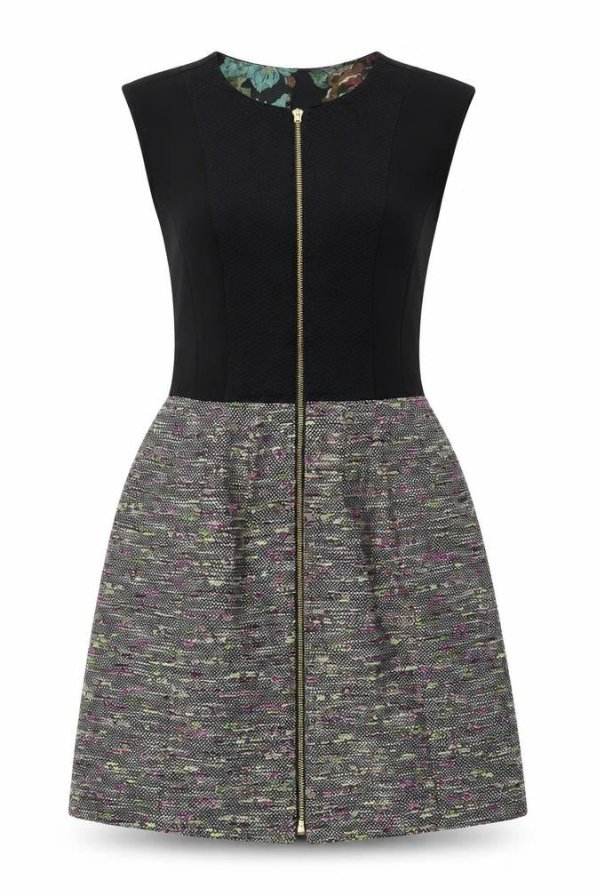Ted Baker Women Black Multi Skater Dress Size 8 Zip Front