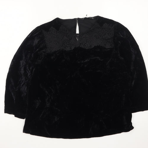 Zara Women Black Velvet Embroidered Blouse XS 3/4 Sleeve