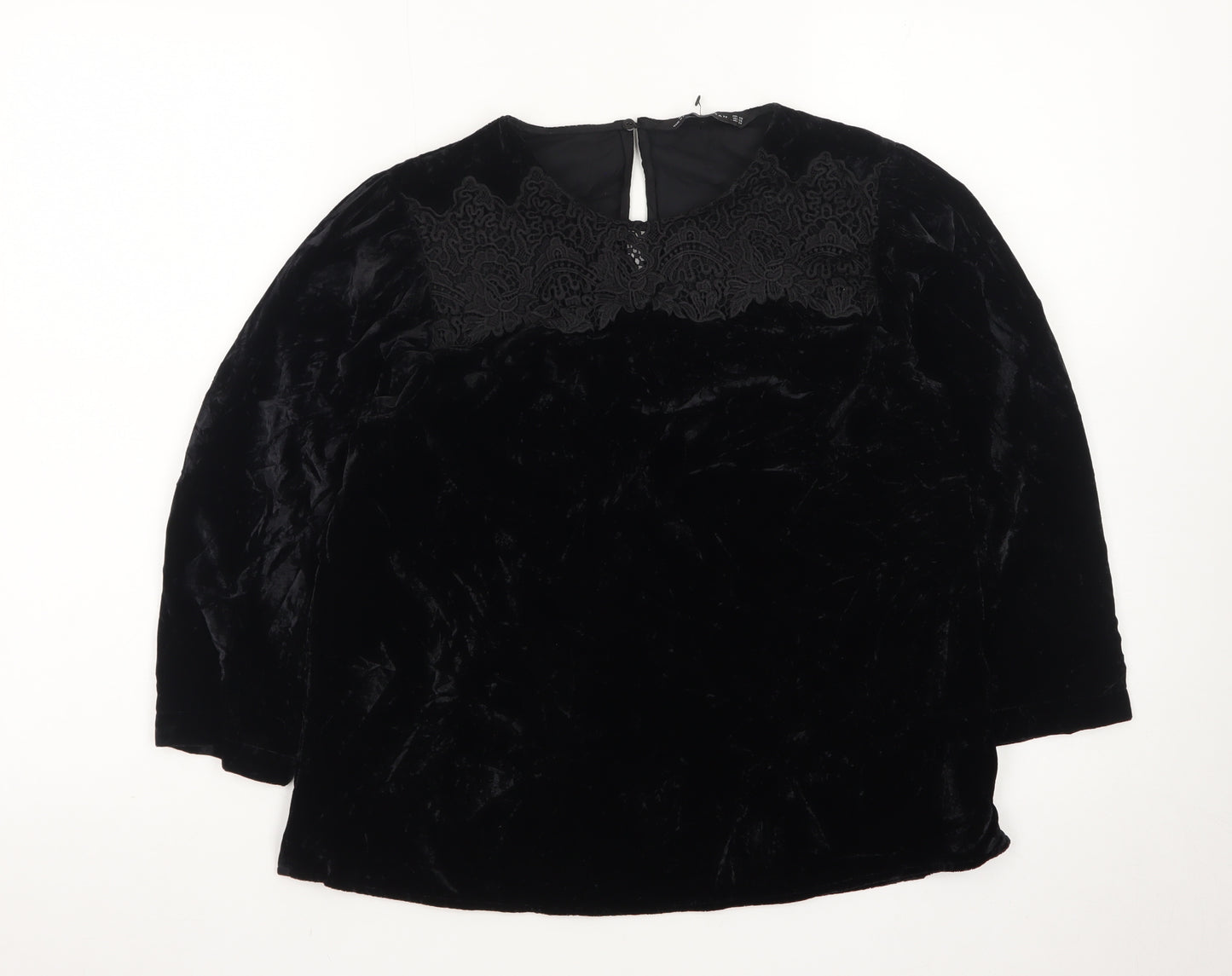 Zara Women Black Velvet Embroidered Blouse XS 3/4 Sleeve