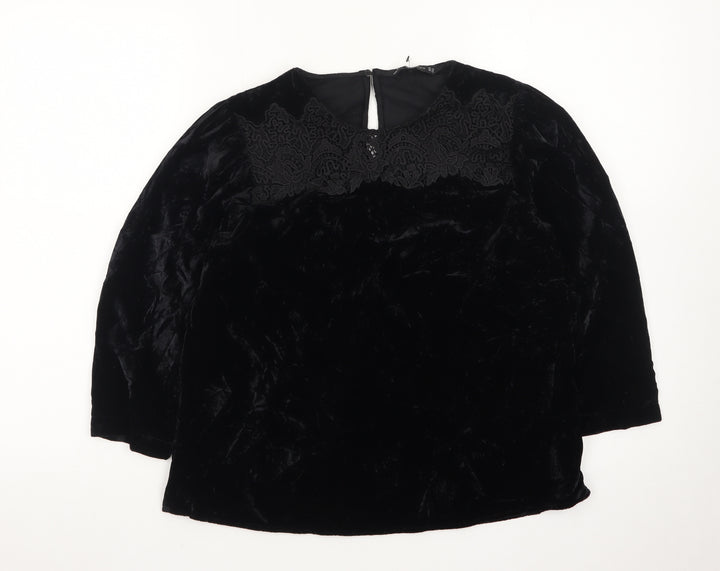Zara Women Black Velvet Embroidered Blouse XS 3/4 Sleeve