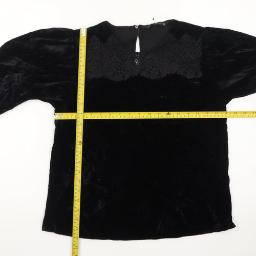Zara Women Black Velvet Embroidered Blouse XS 3/4 Sleeve
