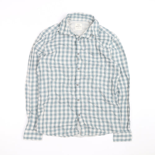 Marks and Spencer Men's Blue Check Regular Fit Cotton Shirt S