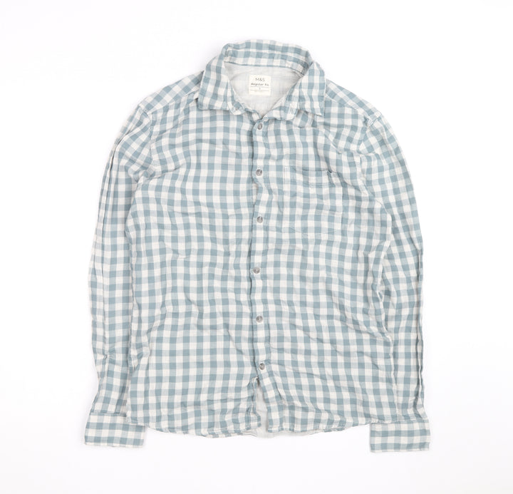 Marks and Spencer Men's Blue Check Regular Fit Cotton Shirt S