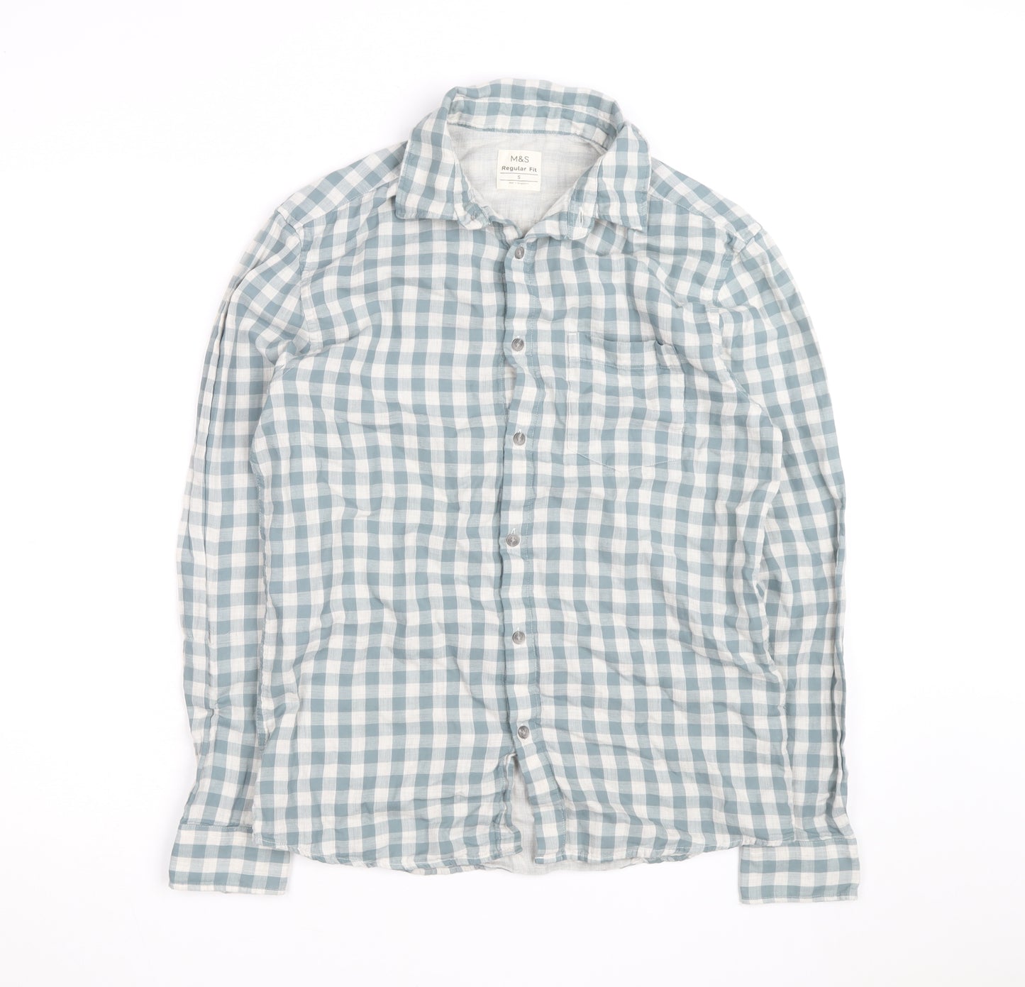 Marks and Spencer Men's Blue Check Regular Fit Cotton Shirt S