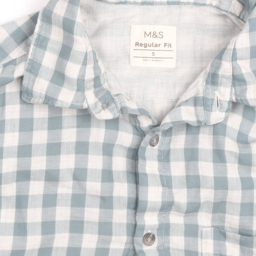 Marks and Spencer Men's Blue Check Regular Fit Cotton Shirt S