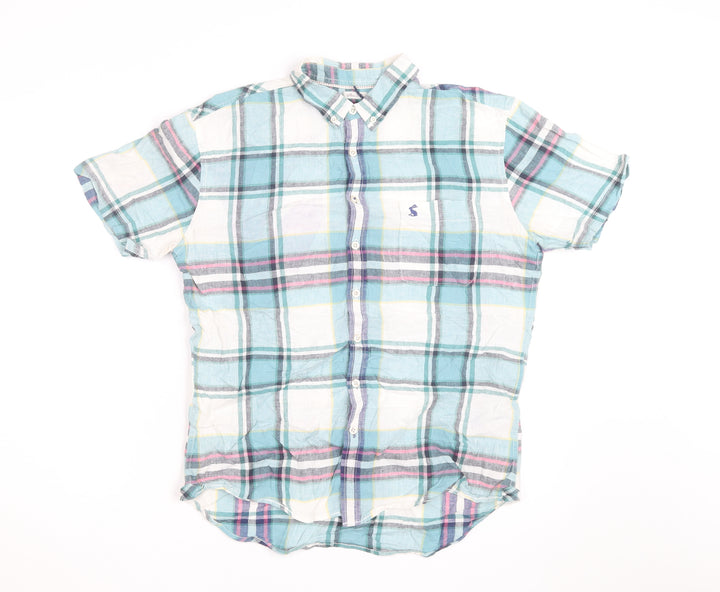 Joules Men's Blue Checked Short Sleeve Slim Fit Cotton Shirt M