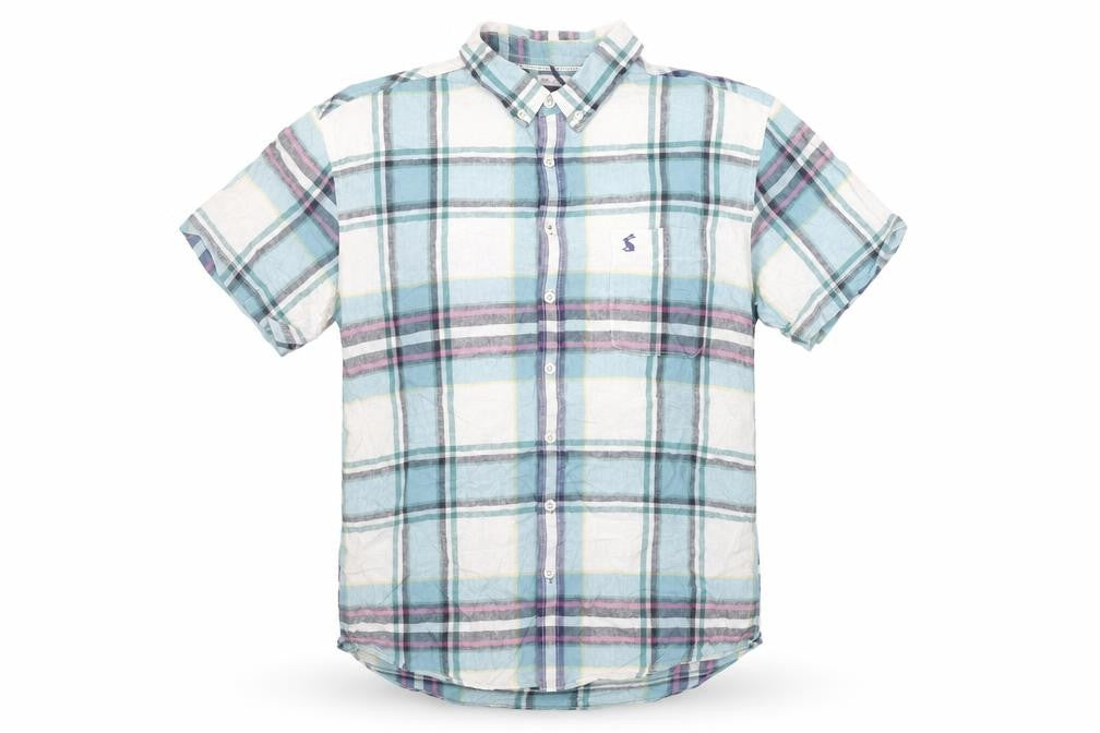 Joules Men's Blue Checked Short Sleeve Slim Fit Cotton Shirt M
