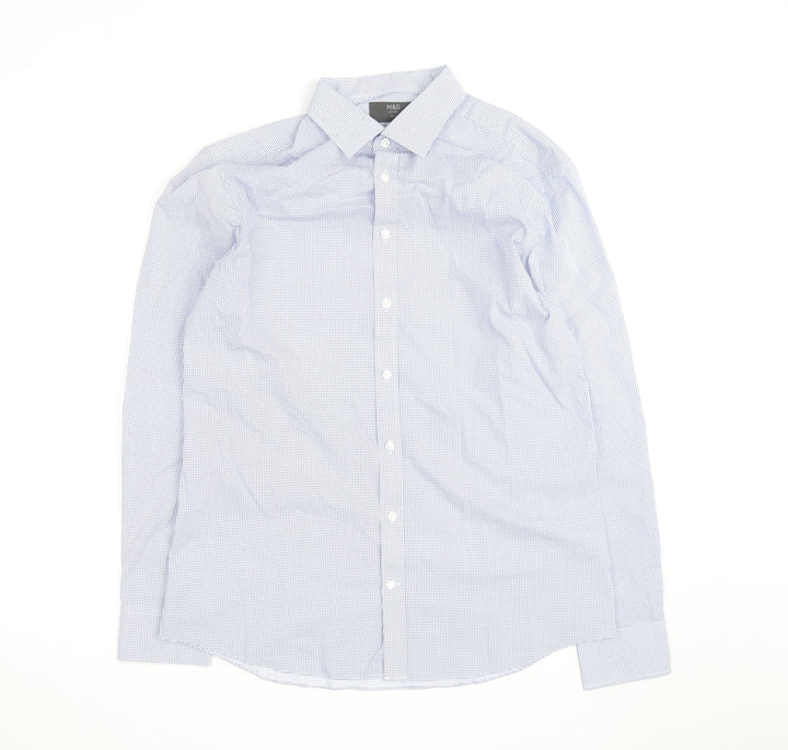 Marks and Spencer Men’s Blue Slim Fit Long Sleeve Check Shirt 15.5”