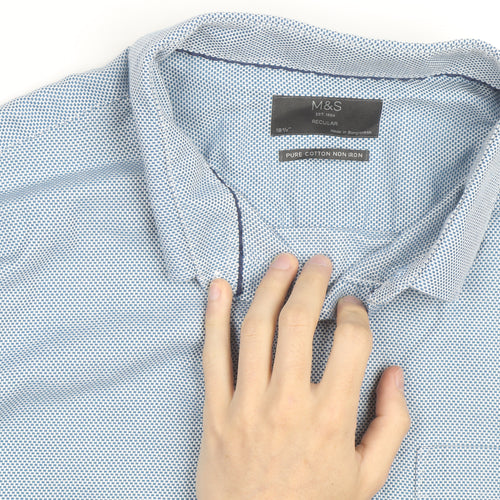 Marks and Spencer Men's Blue Cotton Regular Fit 18.5in Long Sleeve Shirt