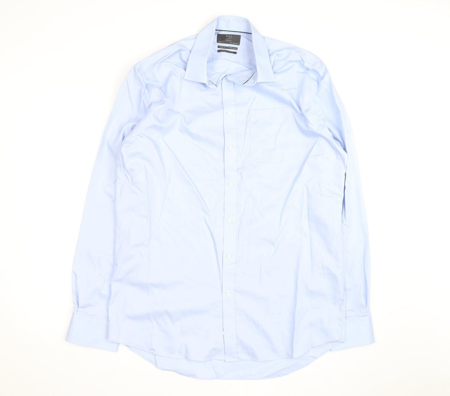 Marks and Spencer Men's Blue Regular Fit 16.5in Cotton Long Sleeve Shirt
