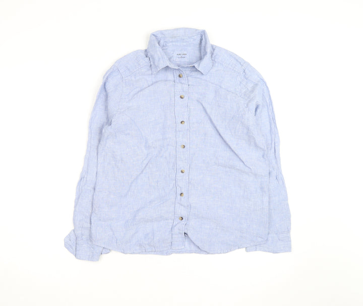 Marks and Spencer Women's Blue Linen Long Sleeve Button-Up Shirt Size 10