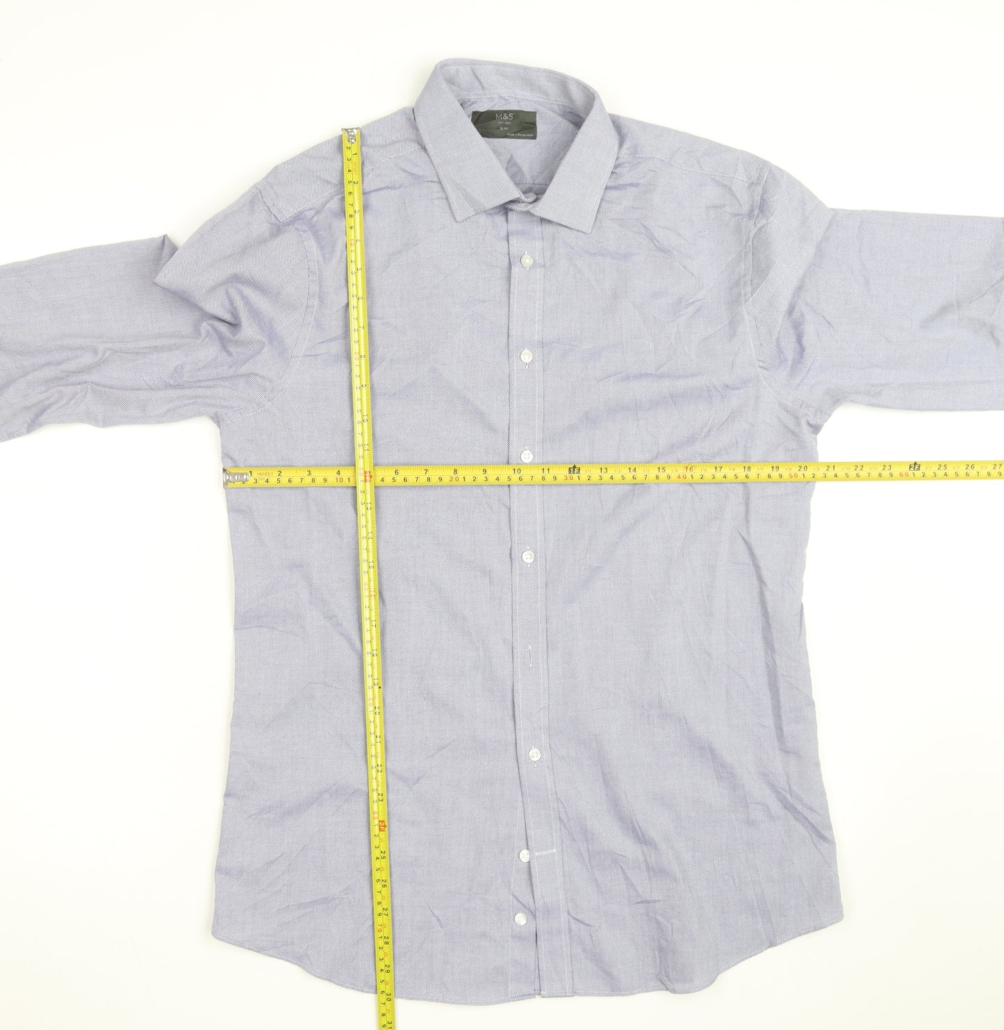 Marks and Spencer Men's Blue Slim Fit Long Sleeve Button-Up Shirt Size 15.5
