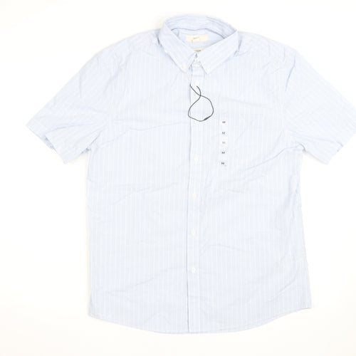 Marks and Spencer Men's Blue Striped Short Sleeve Regular Fit Shirt Size M