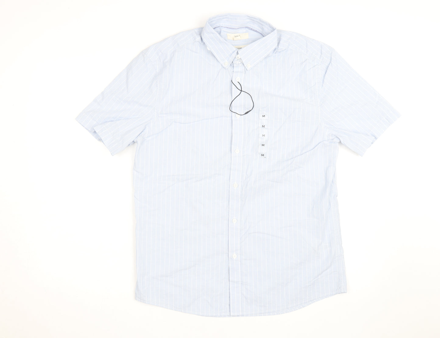 Marks and Spencer Men's Blue Striped Short Sleeve Regular Fit Shirt Size M