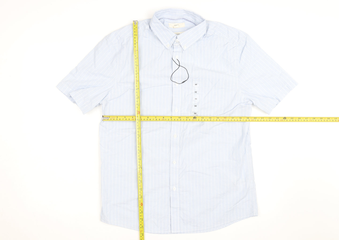 Marks and Spencer Men's Blue Striped Short Sleeve Regular Fit Shirt Size M