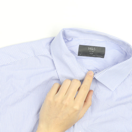 Marks and Spencer Men's Blue Slim Fit Striped Long Sleeve Shirt 16in