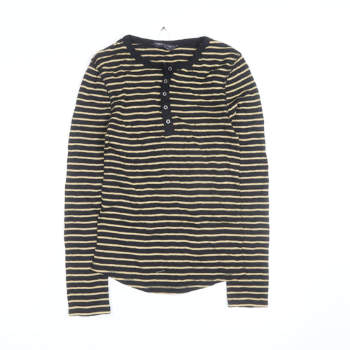 Marks and Spencer Womens Black Striped Long Sleeve Henley T-Shirt Size 8