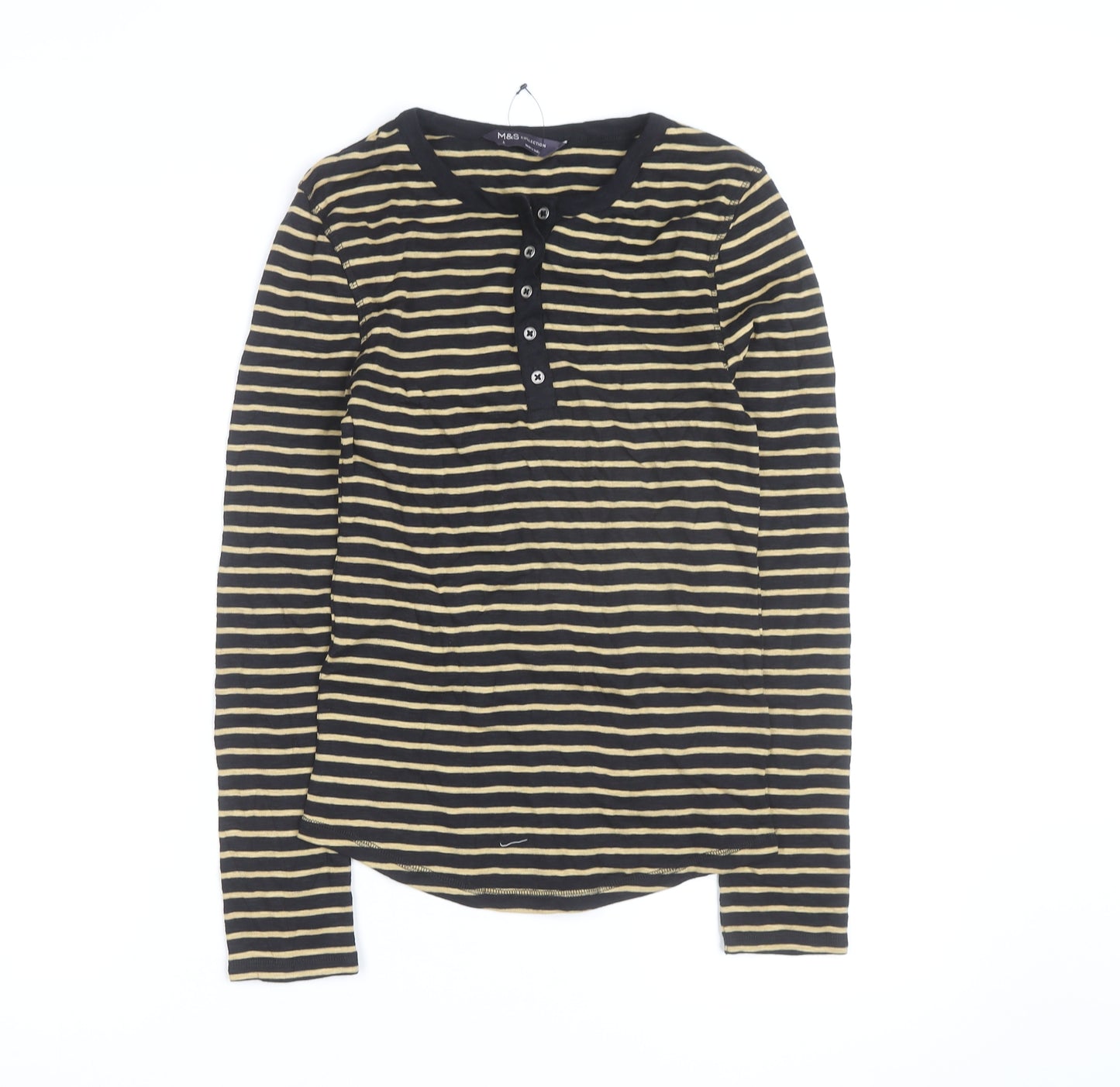 Marks and Spencer Womens Black Striped Long Sleeve Henley T-Shirt Size 8
