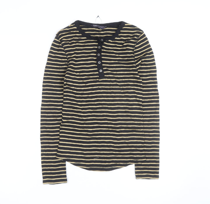 Marks and Spencer Womens Black Striped Long Sleeve Henley T-Shirt Size 8