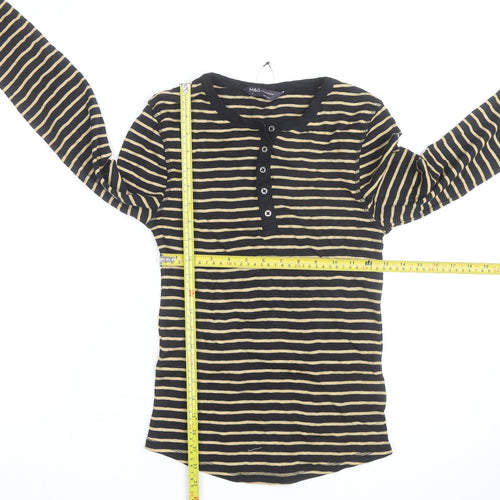 Marks and Spencer Womens Black Striped Long Sleeve Henley T-Shirt Size 8
