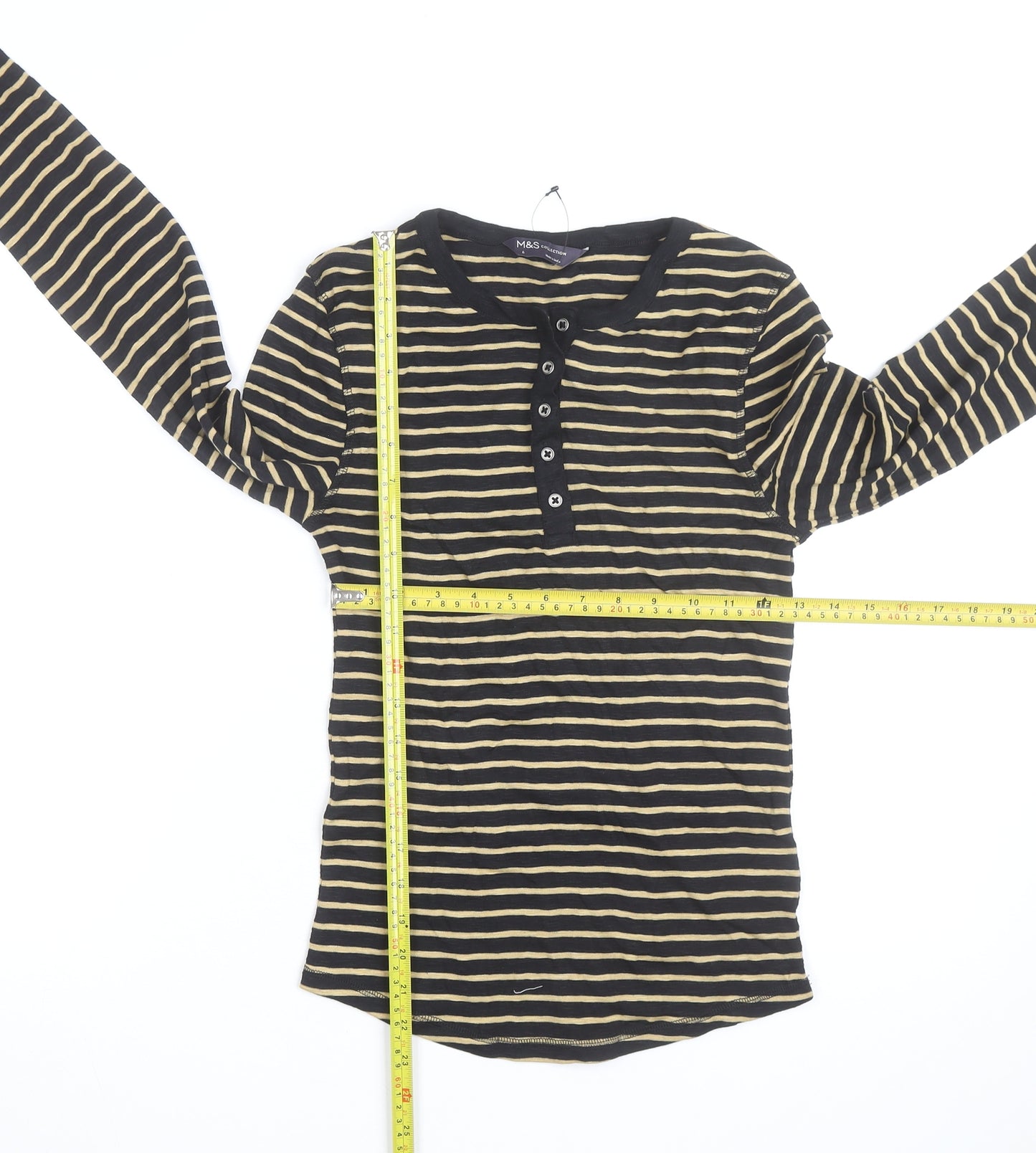 Marks and Spencer Womens Black Striped Long Sleeve Henley T-Shirt Size 8
