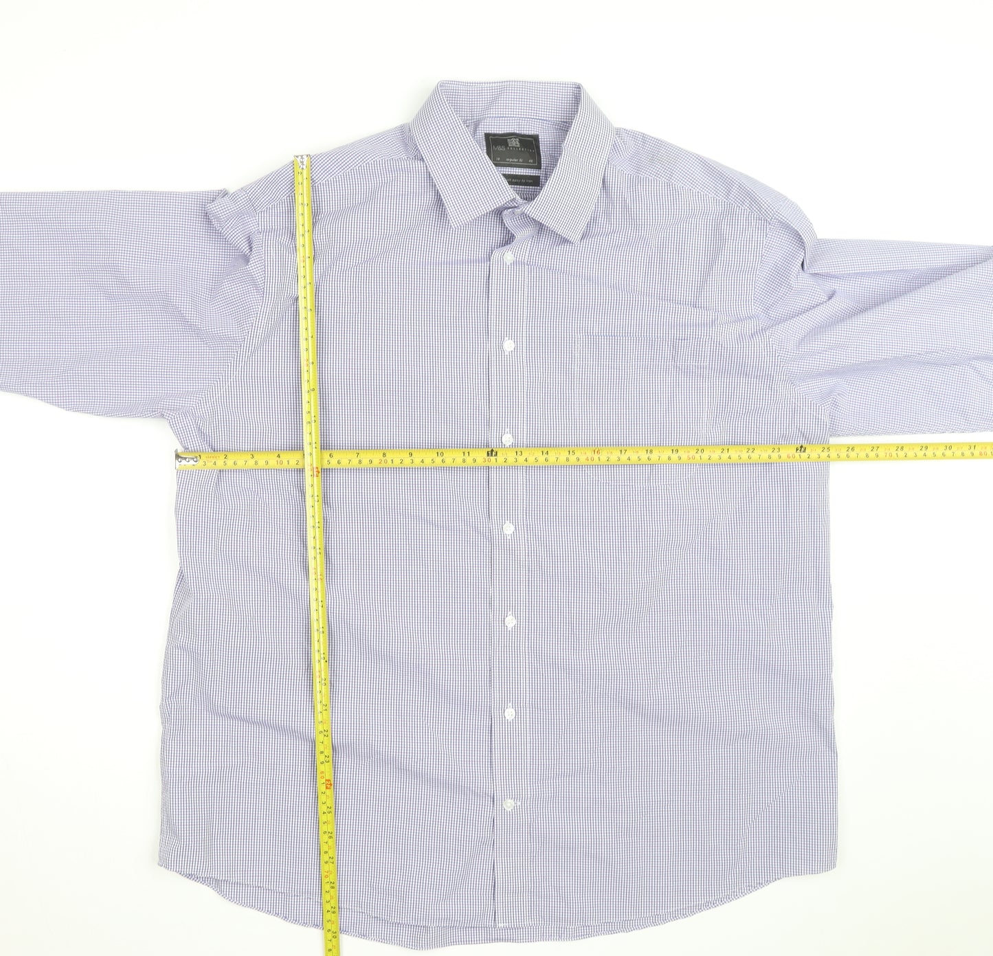 Marks and Spencer Men's Blue Checked Regular Fit Shirt Size 18