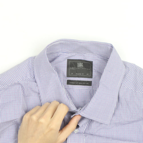 Marks and Spencer Men's Blue Checked Regular Fit Shirt Size 18