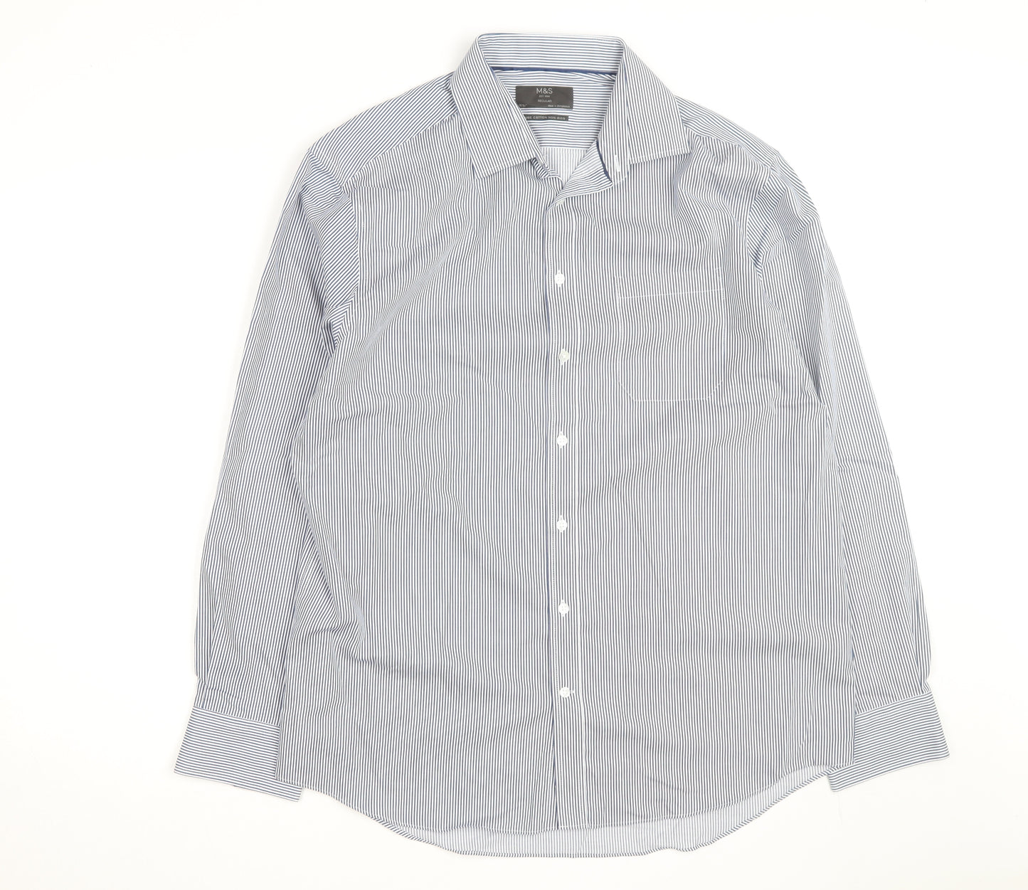 Marks and Spencer Men's Blue Striped Regular Fit Cotton Shirt 16.5in