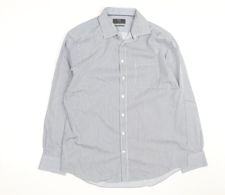 Marks and Spencer Men's Blue Striped Regular Fit Cotton Shirt 16.5in