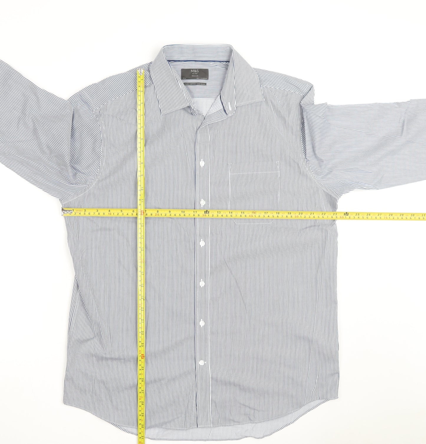 Marks and Spencer Men's Blue Striped Regular Fit Cotton Shirt 16.5in
