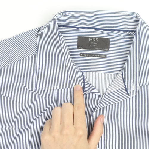 Marks and Spencer Men's Blue Striped Regular Fit Cotton Shirt 16.5in