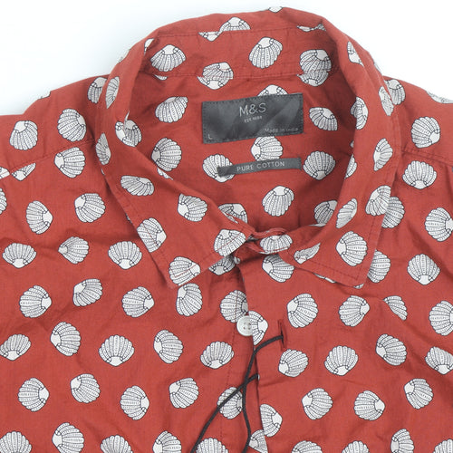 Marks and Spencer Men's Red Shell Print Pure Cotton Short Sleeve Shirt Size L