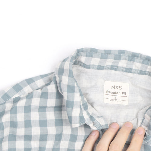 Marks and Spencer Men's Blue Check Regular Fit Cotton Shirt S