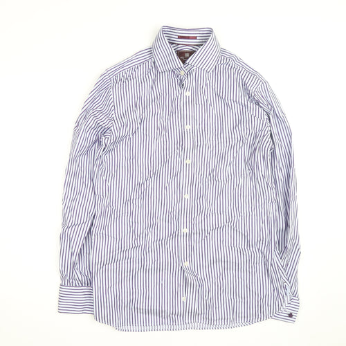 Marks and Spencer Men's Blue Striped Slim Fit 16in Cotton Shirt