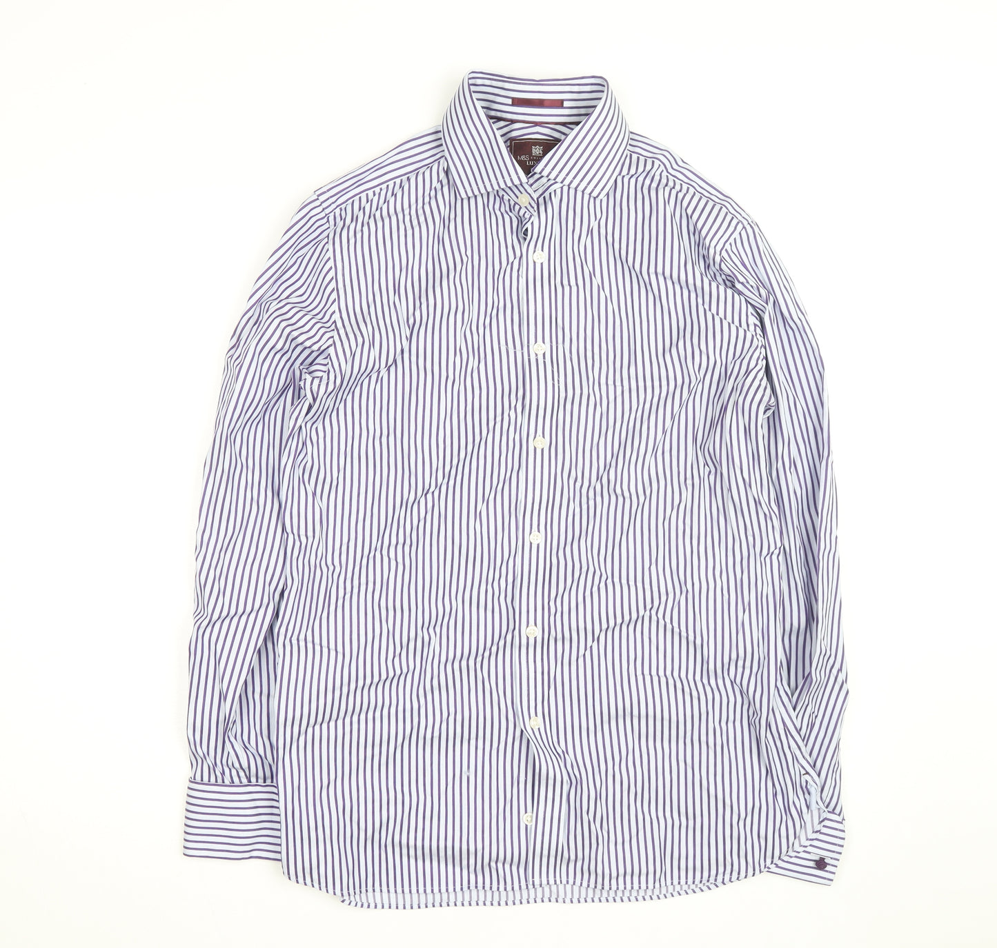 Marks and Spencer Men's Blue Striped Slim Fit 16in Cotton Shirt