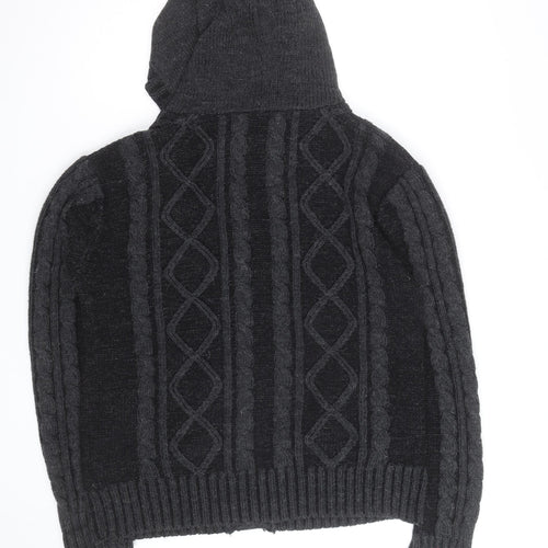 Ringspun Men's Black Hooded Cable-Knit Cardigan M