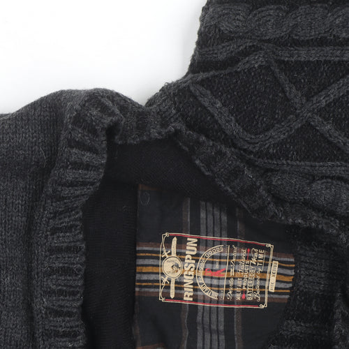 Ringspun Men's Black Hooded Cable-Knit Cardigan M