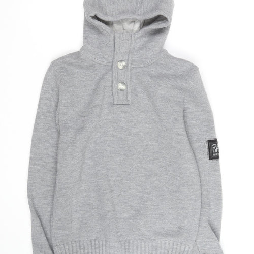 Superdry Men’s Grey Henley Hoodie Size L Knit Cotton Blend