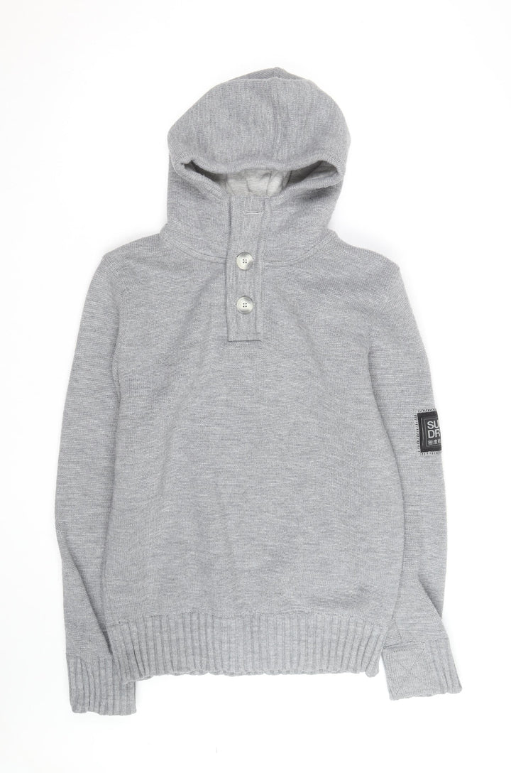 Superdry Men’s Grey Henley Hoodie Size L Knit Cotton Blend
