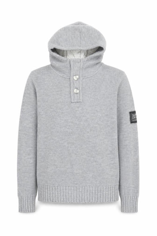 Superdry Men’s Grey Henley Hoodie Size L Knit Cotton Blend