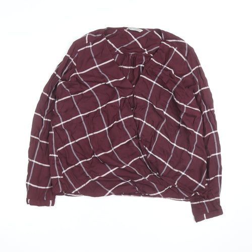 Marks and Spencer Womens Burgundy Check Wrap Blouse Size 16 Long Sleeve