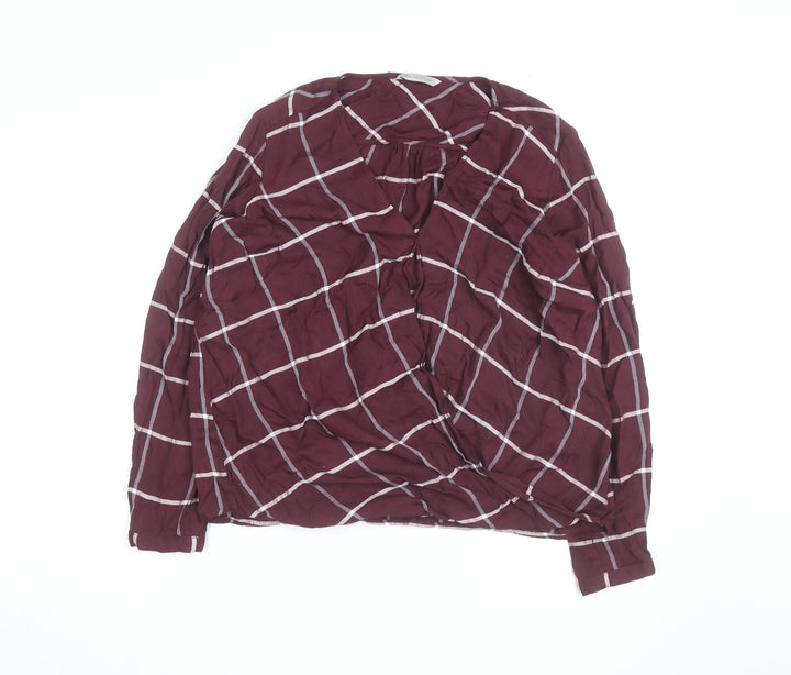 Marks and Spencer Womens Burgundy Check Wrap Blouse Size 16 Long Sleeve