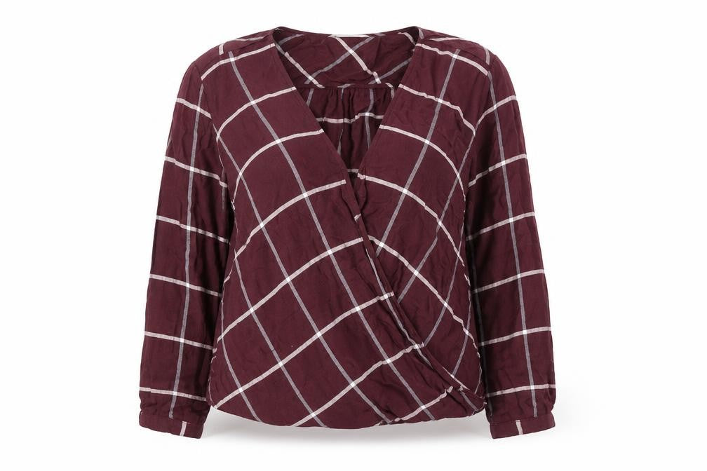 Front view of Marks & Spencer women’s burgundy check wrap blouse, size UK 16, long sleeve