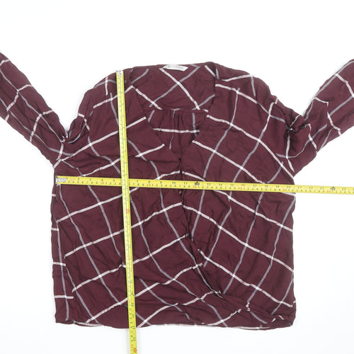 Marks and Spencer Womens Burgundy Check Wrap Blouse Size 16 Long Sleeve