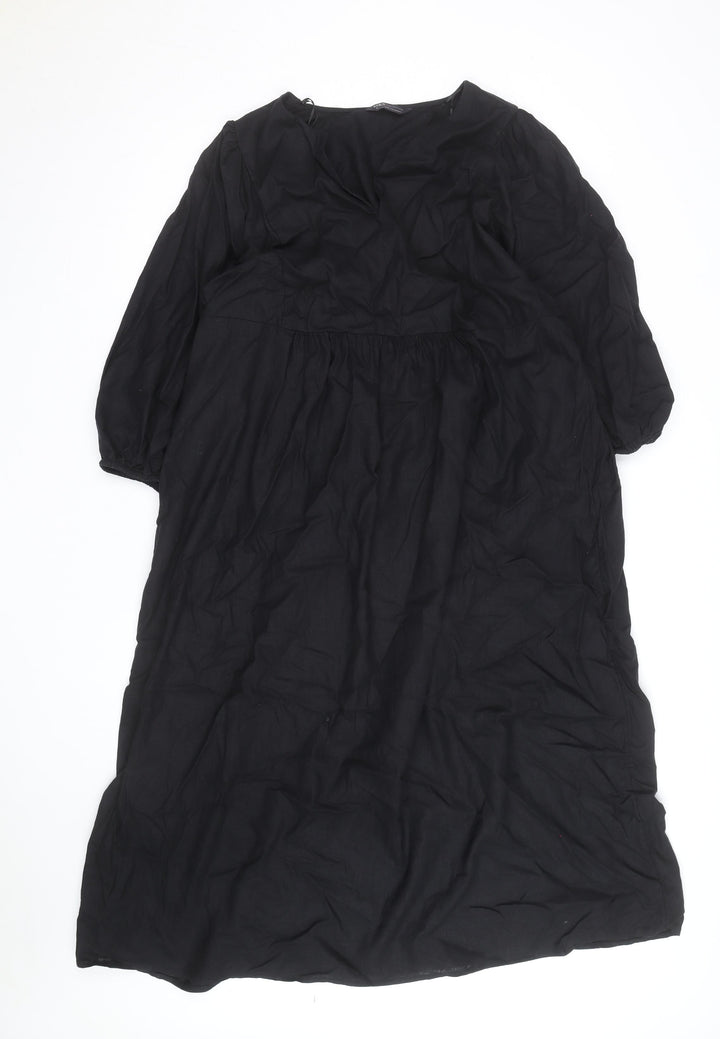 Marks and Spencer Women Black Linen Midi Shift Dress Size 18